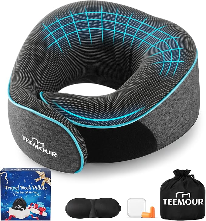 Travel Neck Pillow for Airplane -Memory Foam Travel Pillow for Long Flights/Car Sleep 360° Support Airplane Pillow, With Eye Mask & Earplugs, Portable Carry Bag | Airplane Accessories Washable Cover by Teemour