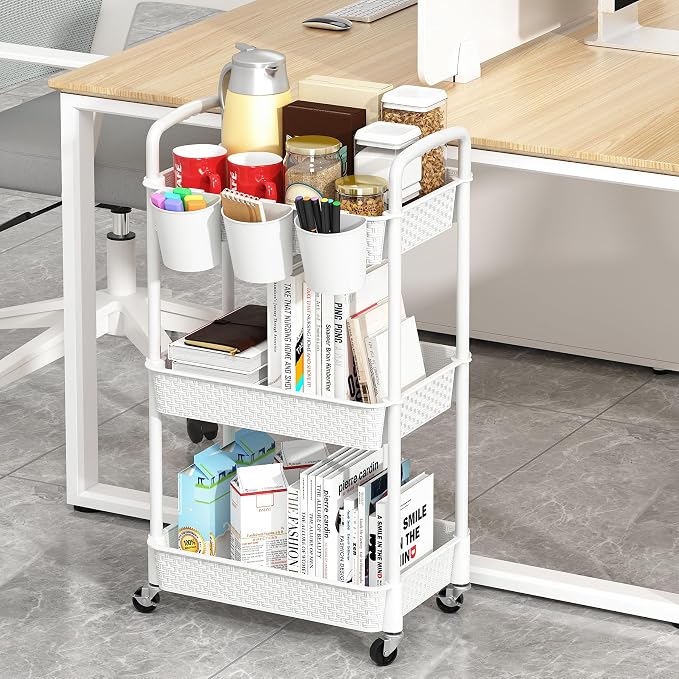 MOYIPIN 3-Tier Plastic Rolling Utility Cart with Handle,White | Utility Storage Cart for Office, Living Room, Kitchen,Movable Storage Organizer，Easy installation，Rattan-like art design - Image 4