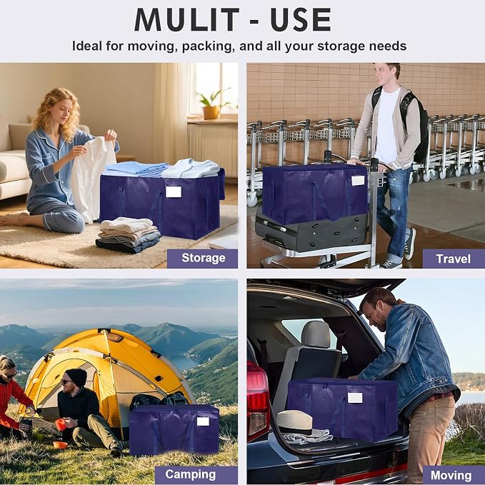 16 Pack-Extra Large Heavy Duty Moving Bags - Waterproof Storage Totes with Handles & Zippers, Foldable for College Dorm, Storage (Dark Blue) - Image 7