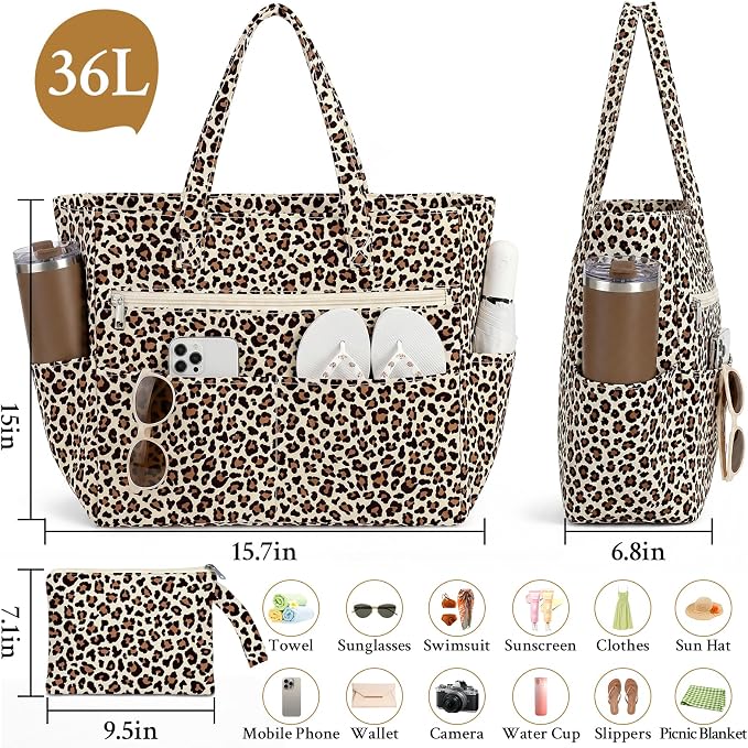 Large Beach Bags for Women, Waterproof Sandproof Beach Tote Bags Swim Pool Bags with Zipper & Wet Pocket Family - Image 4