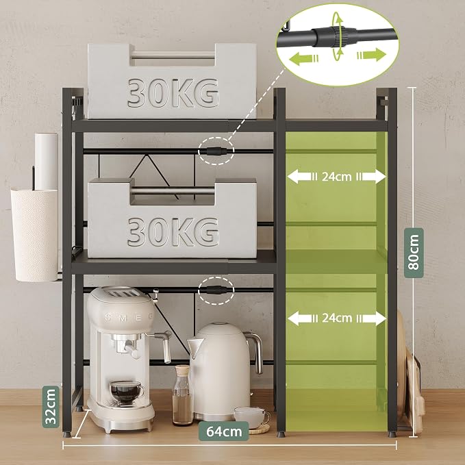 3 Tier Expandable Microwave Stand countertop,Microwave Oven Rack | microwave shelf with Paper Towel and Chopping Board Holder, storage shelf for appliances,55 Lbs load Per Tier,Black - Image 3