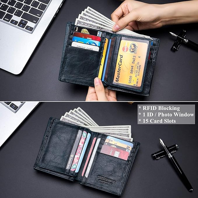 BULLCAPTAIN Large Capacity Genuine Leather Wallet for Men QB-027 | Bifold Wallet,RFID Blocking,Credit Card Holder,15 Card Slots,Special Expandable Design,gift choice - Image 3