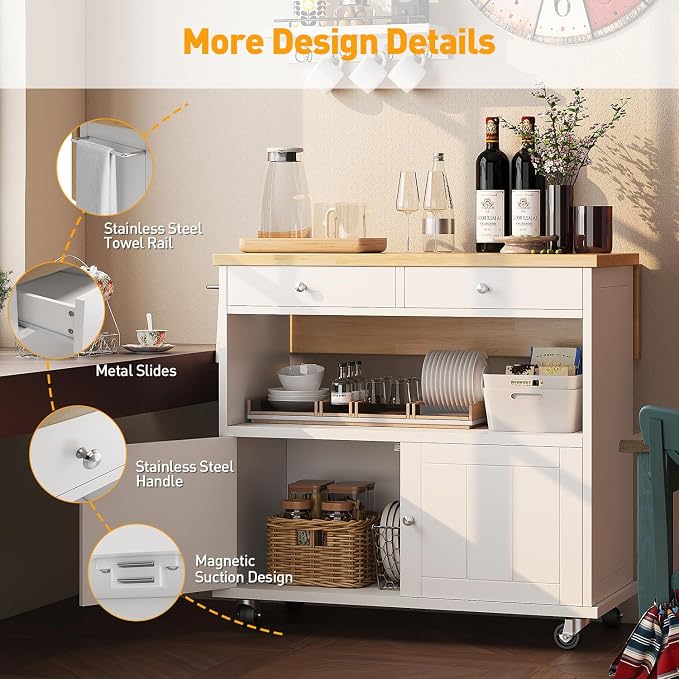 Rolling Kitchen Island with Folding Drop Leaf Breakfast Bar, 35.4'' W Kitchen Cart with Storage Cabinet and 2 Drawers, Portable Mobile Kitchen Island Table with Towel Rack, Lockable Wheels, White - Image 6