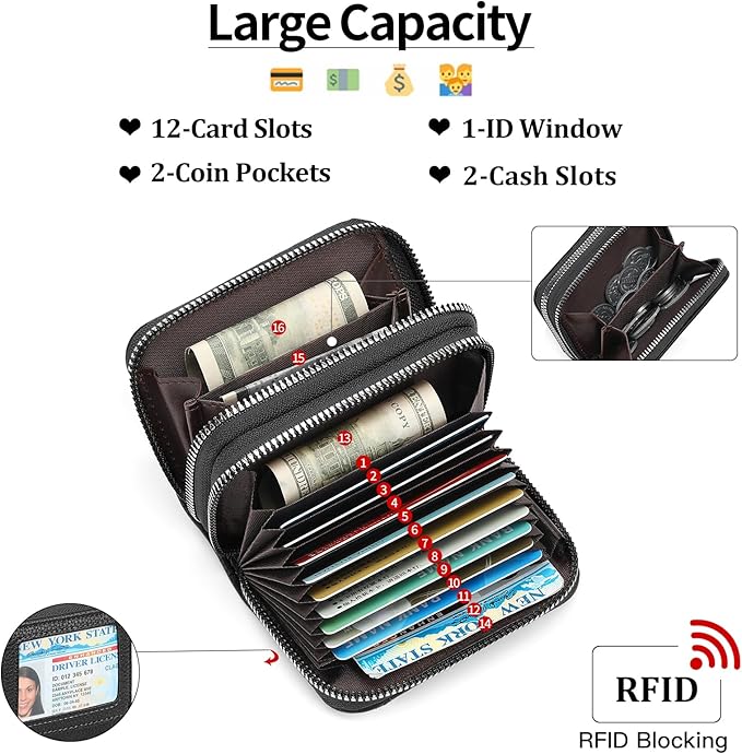 RNIEGA Credit Card Holder Wallet RFID Blocking Leather Small Wallet for Women Double Zipper Wallet with ID Window - Image 3