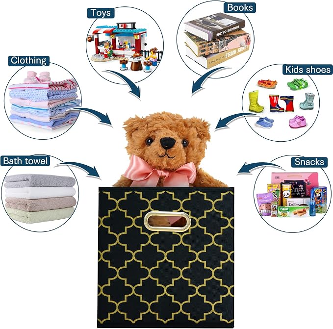 Fabric storage bins Cubes, Fabric Cube Organizer with Handle, Foldable Cube Bins for Cloth or Accessary Storage, 11x11x11, Set of 3, (Black Gold) - Image 3