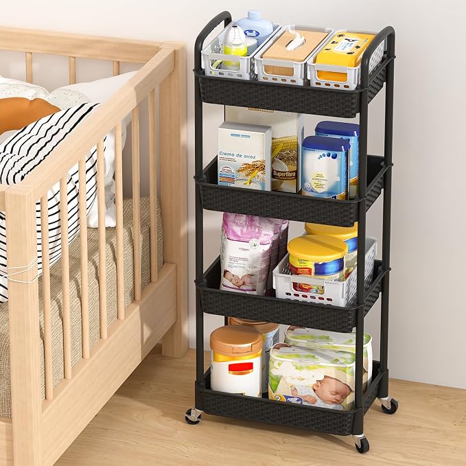 MOYIPIN 4-Tier Plastic Rolling Utility Cart with Handle, Black | Utility Storage Cart for Office, Living Room, Kitchen,Movable Storage Organizer，Easy installation，Rattan-like art design - Image 7