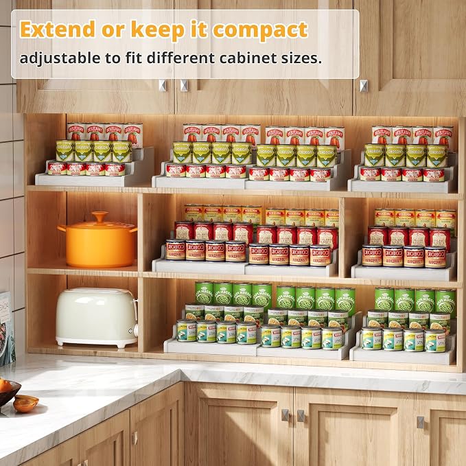 3-Tier Expandable Bamboo Can Organizer for Pantry, Holds 24 Cans, White | Adjustable Can Storage Rack for Kitchen Cabinets, Soda & Canned Goods Holder for Pantry Organization, White (Patent Pending) - Image 7