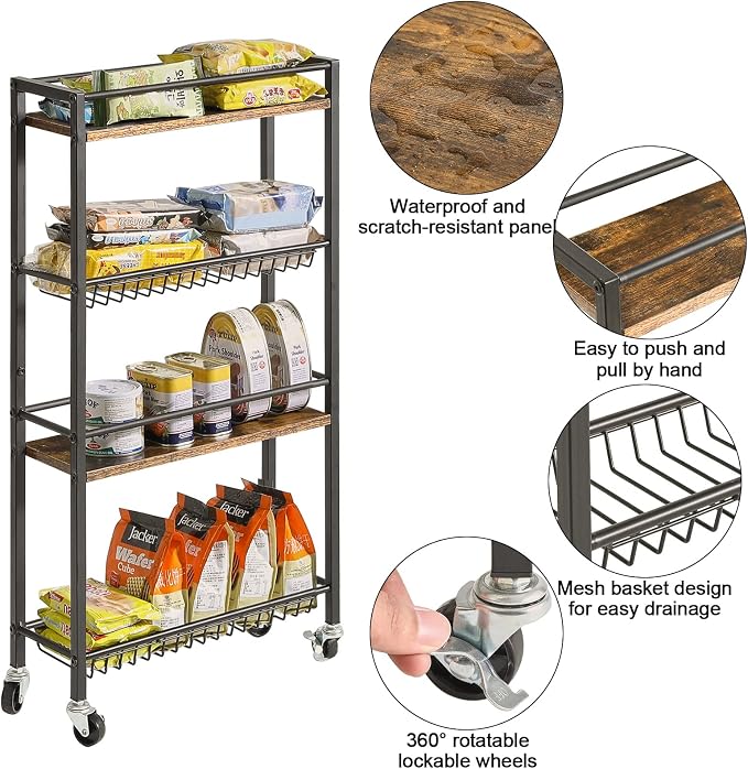 YMYNY Kitchen Storage Rolling Cart 4 Tier on Wheels Rustic Brown HBR002H | for Narrow Spaces, Laundry Room, Dining Room, Bathroom, 32.7" H Shelving Unit with Mesh Baskets - Image 5