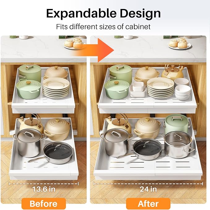 Pull out Cabinet Organizer, 4-Pack Expandable(13.6"-24") Silde out Drawers with Raising Pad for Framed Cabinets, Adjustable Full-Extension Adhesive Roll out Shelves for Kitchen Pantry Home Pot and Pan - Image 9
