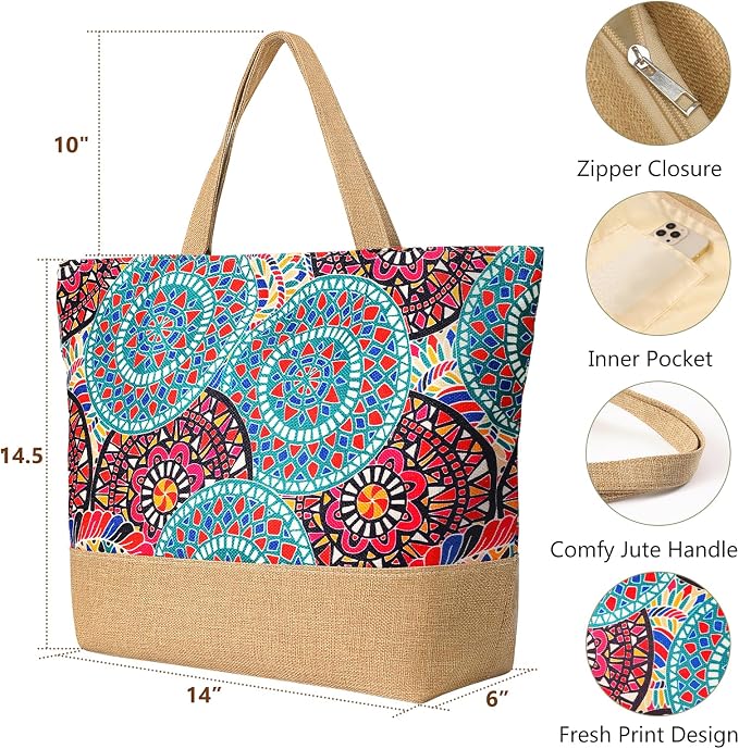 Trifabricy Beach Bags for Women,Waterproof Straw Beach Tote Bag With Zipper | Spacious Storage Capacity, Secure Zipper Closure, Reinforced Carry Handles, Stylish Printed Design For Outdoor Activities - Image 3
