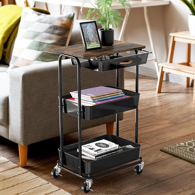 Simple Houseware 3-Tier Utility Cart with Drawer & Wood Top, Rustic Brown | Mobile Sofa Side Table, Nightstand, Slim Storage Organizer Trolley for Bedroom, Bathroom, Office & Art Supplies - Image 3