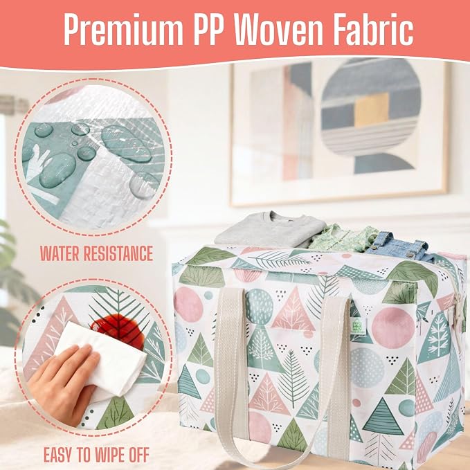 VENO 2 Pack Utility Tote Reusable Grocery Bags with Zipper & Hard Bottom | Heavy Duty Foldable Water-Resistant Shopping Bags for Summer Beach, Pool, Picnic & Travel Carry-on (Pastel Forest, 2 Pack) - Image 5