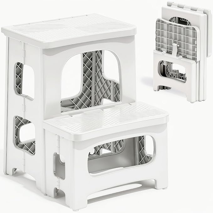 2 Step Stool Foldable, Non-Slip Steps, Folding Step Stool for Adults & Kids, Plastic Stool Pool Ladder, Collapsible Stools 2 Step Ladder for Kitchen Toilet Bedroom Office RV, Holds 330 lbs by Unknown