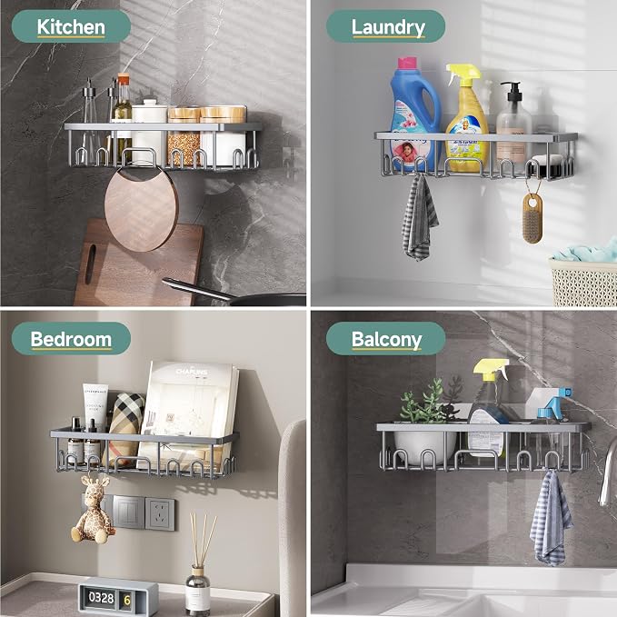 Veken Shower Caddy 6-Pack, No Drilling & Rustproof, Waterproof Adhesive Shelves Rack with Soap Holder, Large Capacity Bathroom Organizers and Storage, Wall-Mounted Kitchen & Home Decor, Silver Gray - Image 7