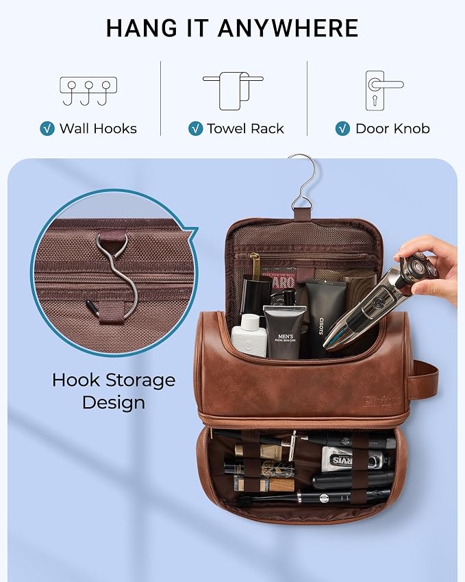 Elviros Hanging Toiletry Bag for Men PU Leather Shaving Dopp Kit, Brown | Water-Resistant Travel Organizer with Hanging Hook for Toiletries, Shaving Tools, Grooming Items, and Men’s Gifts - Image 6