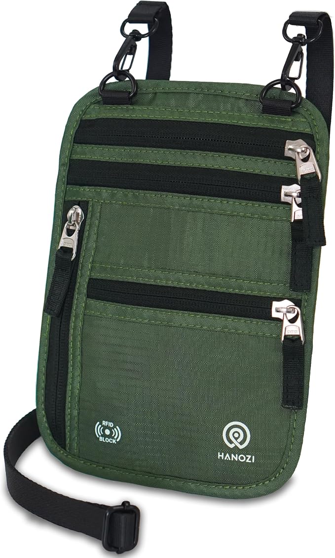 Neck Wallet – Travel Pouch and RFID Blocking Passport Holder for Women and Men, Slim Travel Wallet (Army Green) by HANOZI