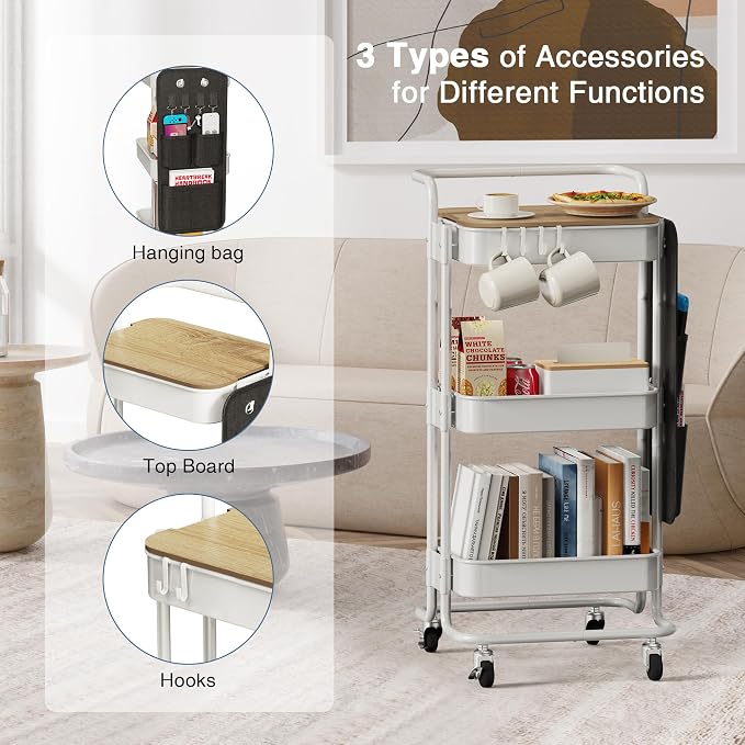 DTK 3-Tier Rolling Cart with Table Top, Metal Utility Cart with Side Bags | Tray Storage Organizer, Lockable Wheels, 4 Hooks, Art Cart for Kitchen, Bathroom, Office, Craft room, Living room, White - Image 5