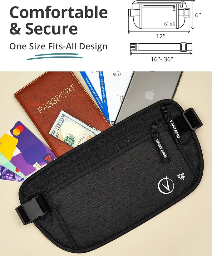 Vantamo Money Belt with RFID For Men & Women, Hidden Passport Holder for Travel, 2 Compartment Travel Fanny Pack for Women Anti Theft - Image 4