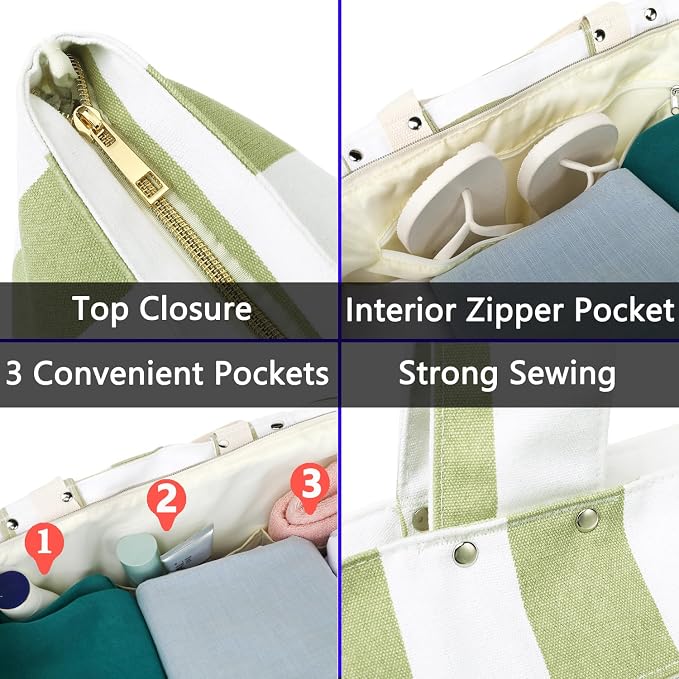 Fammart Beach Bags Waterproof Sandproof for Women, Large Canvas Pool Bag with Leakproof Wet Pocket & Zipper Cruise Essentials - Image 4