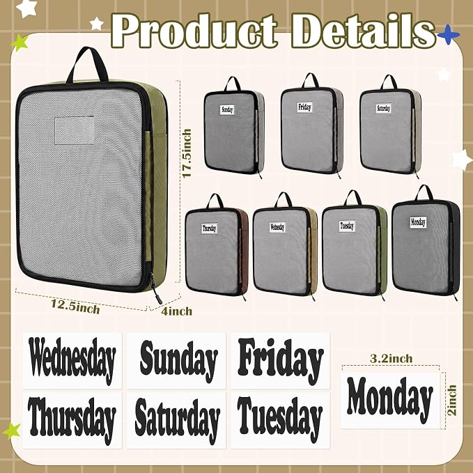 7 Pcs Packing Cubes for Travel Days of Week,Brown,Large - Image 2