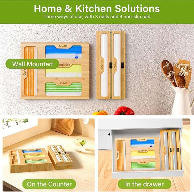 KOCWELL Bamboo Bag Storage Organizer - 2 Wrap Dispenser with Cutter & 4 Slots Food Storage Bags Container - Kitchen Drawer Plastic Bags Storage Organization for Gallon Quart Sandwich Snack Bags - Image 8