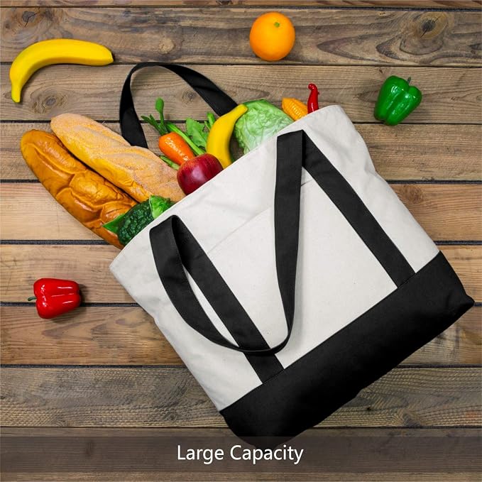 TOPDesign 6-Pack Canvas Tote Bags with an External Pocket, Reusable Grocery Shopping Bags, Top Zipper Closure, Daily Essentials (Black/Natural) - Image 4