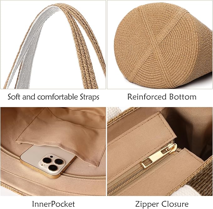 Tavaleu Straw Beach Bags for Women Tote Handbag Shoulder Hobo Bucket Bag | Lightweight, Foldable, PU Straps, Magnetic Closure, Zip Pocket, Reinforced Bottom, Summer Purse, Travel, Vacation, Daily Use - Image 5