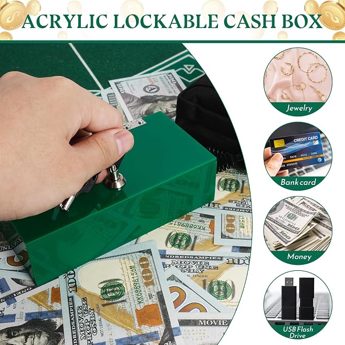 Acrylic Cash Box for Gambler 2 Pack Large and Small, Green Winners Bank with Keys, Slot, Storage Bag, Waist Bag, Portable Casino Money Organizer Safe Lock Box for Gamblers, Christmas Gift for Men - Image 6