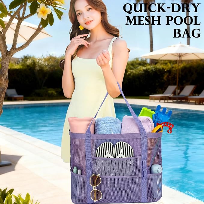 Fammart Mesh Beach Bag for Women, Large Beach Toy Pool Bag with Zipper Pocket, SandProof Cruise Essentials 2026 Family Travel - Image 2