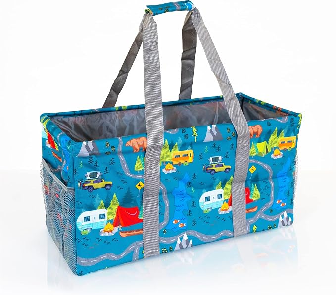 Extra Large Utility Tote Bag - Oversized Collapsible Reusable Wire Frame Rectangular Canvas Basket With Two Exterior Pockets For Beach, Pool, Laundry, Car Trunk, Storage - Camping by Lucazzi
