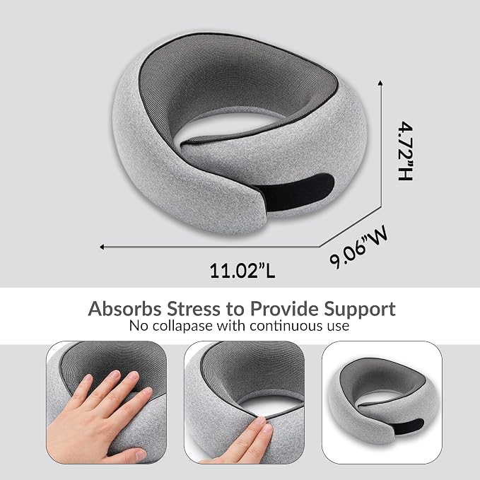 Travel Neck Pillow,Ergonomic 360° Memory Foam Support for Head, Neck. Adjustable for Long Flights. Soft &Washable Cover, EVA Box, 3D Eye Mask, Earplugs, Hair Tie & Luxury Bag (Grey) - Image 8