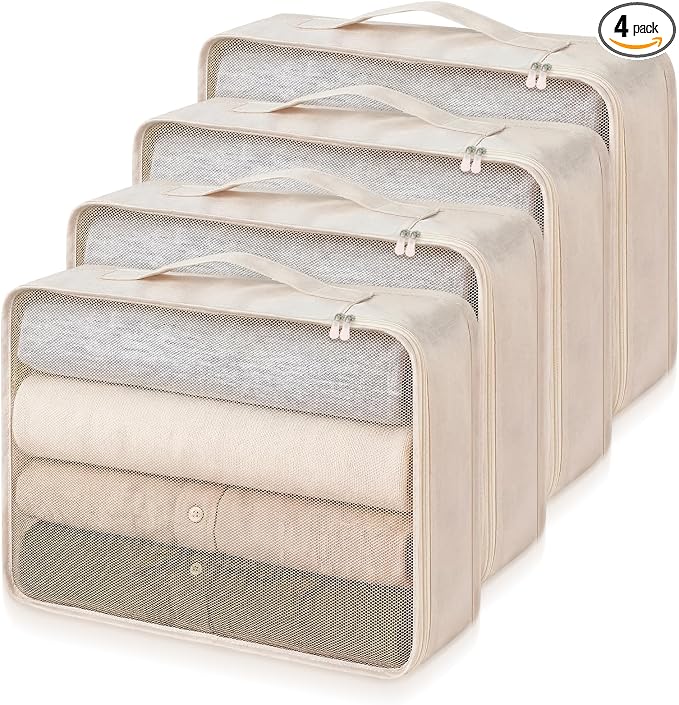 Silkfly 4 Pcs XL Packing Cube for Travel Luggage,Simple,Beige | 17.7 x 13 x 4.7, Same Size, Beige Suitcase Storage Organizer Set, Reusable Mesh Clothes Cube for Hiking Camp Family Accessory by Silkfly