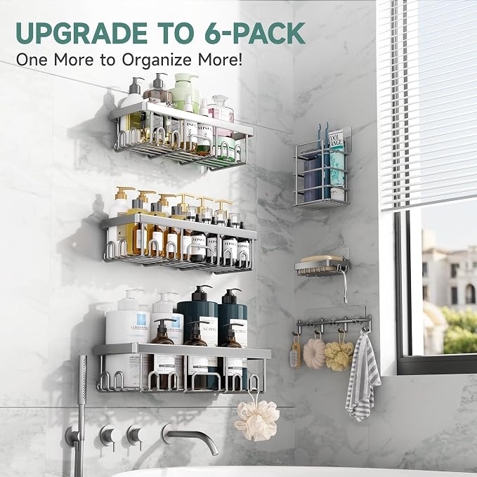 Veken Shower Caddy 6-Pack, Advanced Rustproof Design, No Drilling Adhesive Shelves, Rack with Soap Holder, Large Capacity Bathroom Organizers and Storage, Wall-Mounted Kitchen & Home Decor, Silver - Image 4