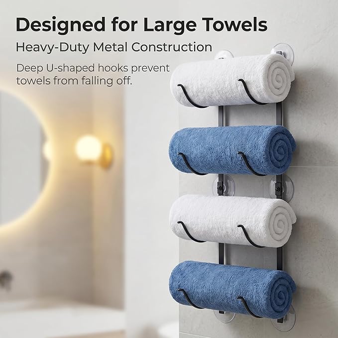 4-Tier Bathroom Rolled Towel Rack Wall Mounted Towel Storage Holder, Adhesive & Drill Hanging Organizer for Towels, Blankets, Large Bath Sheets, Space Saving in RV, Apartment Friendly - Image 6