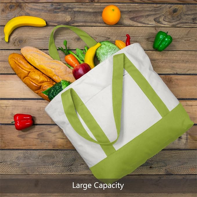 TOPDesign 6-Pack Canvas Tote Bags with an External Pocket, Reusable Grocery Shopping Bags, Top Zipper Closure, Daily Essentials (Light Green/Natural) - Image 4