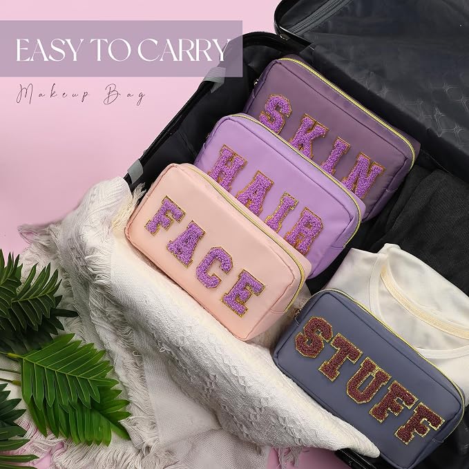 Preppy Makeup Bags Chenille Letter Stuff Bag Nylon Cosmetic Pouch Cases with Zipper for Women Travel Toiletry(Purple Set,Classic,4 Pcs) - Image 6
