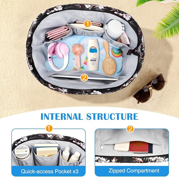 HUANLANG Large Beach Bags for Women Pool Bag with Zipper, Waterproof Sandproof Beach Tote Travel Bag with Wet Pocket - Image 5