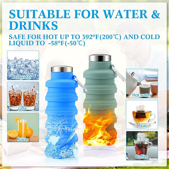 Lallisa 4 Pcs Collapsible Water Bottles 17 oz Reusable Silicone Foldable Travel Water Bottle Portable Leak Proof Sports Bottles for Gym Camping Hiking (Army Green, Orange, Blue, Black) - Image 4
