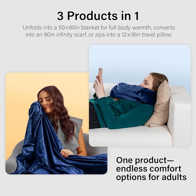 NAPRO 3‑in‑1 Travel Blanket Pillow Scarf – Convertible 50×80″ Blanket, 12×16″ Pillow, 80″ Infinity Neck Pillow – Lightweight, Plush – Navy Blue - Image 3