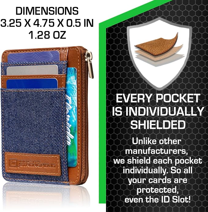 ID Stronghold RFID Blocking Front Pocket Wallet – Slim Minimalist Genuine Leather Wallet with Zipper Coin Pocket (Denim) - Image 3