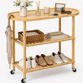 3-Tier Rolling Entryway Table, Bamboo Console Table with Anti-Fall Edge & Wheels, Oval Narrow Hallway Table for Entryway, Living Room, 30.6” Slim Sofa Side Table, Shoe Rack Shelf or Plant Stand by YanKiTour
