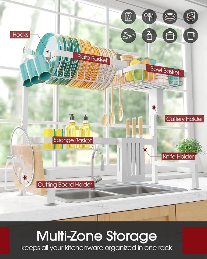 Sakugi Over The Sink Dish Drying Rack - Adjustable 2 Tier Large Capacity Stainless Steel Drainer with Cutlery & Utensil Holders, Kitchen Storage & Organization, 30"-33.9" L x 11" W x 21.5" H, White - Image 2