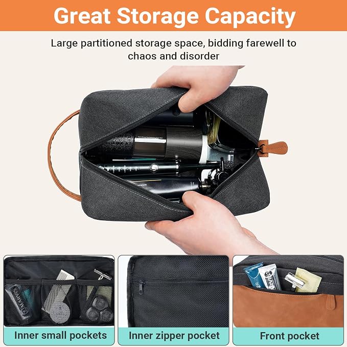 Elviros Travel Toiletry Bag for Men, Hanging Shaving Dopp Kit PU Leather Small Pouch Water Repellent Travel Essentials Organizer Gift for Dad, Black - Image 2