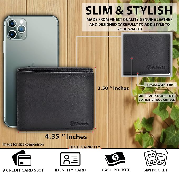 VALENCHI Genuine/Real Leather Bifold Wallet For Men - RFID Blocking/Protected Men's Slim Wallet - Christmas Gifts For Men (Black Pebble BF02) - Image 4
