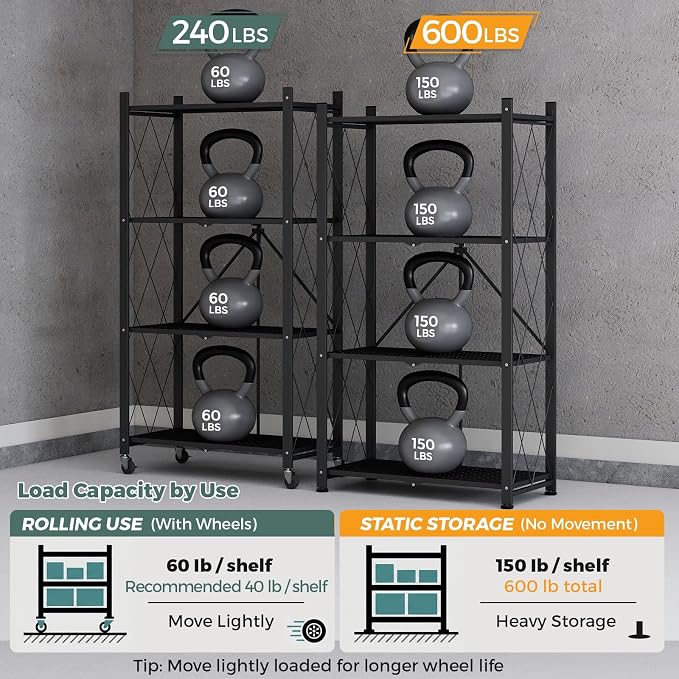 DEANIC 4 Tier Foldable Storage Shelves with Wheels, Large Capacity Shelving Unit, Freestanding Metal Wire Shelf Rack, No Assembly Organizer Rack for Garage Kitchen, Basement, Pantry(Black Pack of 2) - Image 10