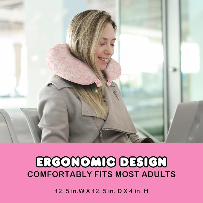 FUL Hello Kitty Neck Pillow, Pink | All Over Print Memory Foam Travel Accessories for Airplane, Car and Office, Comfortable and Breathable - Image 5