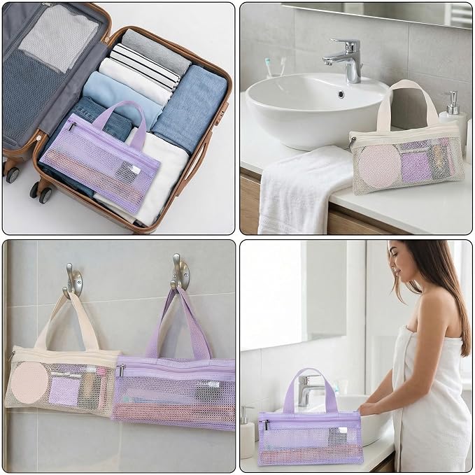 2 Pcs Toothbrush Bag, Mesh Travel Bags Toothbrush Pouch Small Toiletry Pouch Mesh Travel Organizer Bags Portable Makeup Bag Square Storage Holder with Zipper for Men and Women (White, Purple) - Image 6