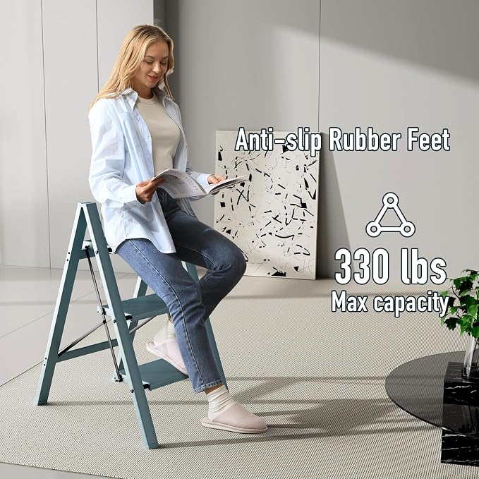 Mayi Plus 3 Step Stool Foldable, Aluminum, Lightweight Step Ladder | Extra-wide anti-slip folding steps with 330 lbs, for home,kitchen,office,outdoor,office,Blue - Image 5