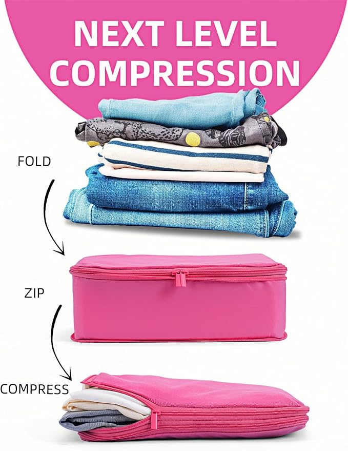6 Set Compression Packing Cubes for 7–14 Day Travel, Rose Red | Nylon Oxford Fabric, Full Breathable Mesh, Reinforced Double-Zipper, Small to Large Size Bag, Expandable Packing System - Image 2