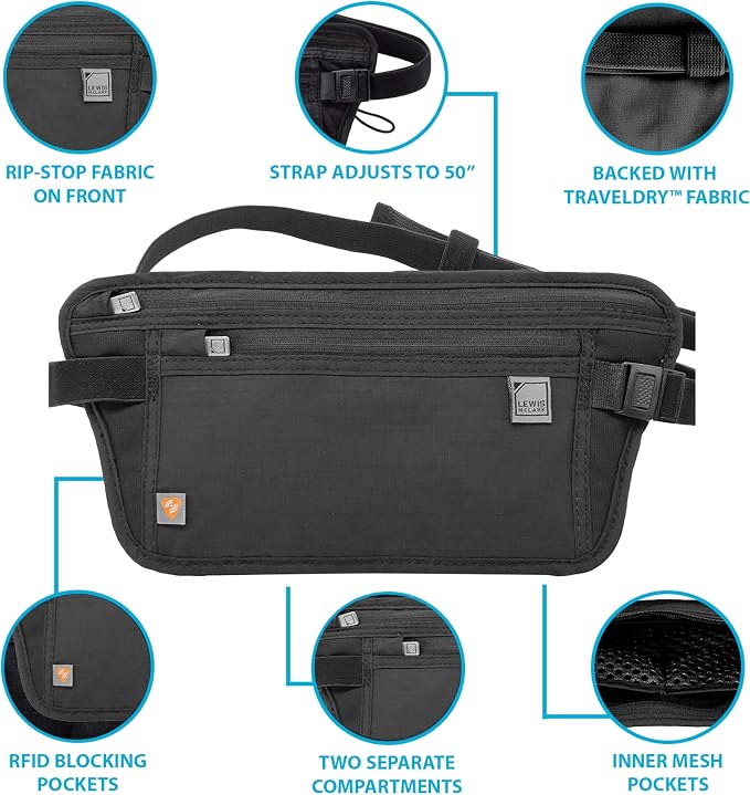 Lewis N. Clark Travel Money Belt Pouch, Slim RFID Blocking Anti Theft Waist Stash Pouches for Cash, Cards and Passport Holder - Image 3